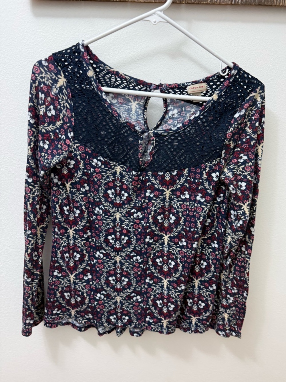 CAPE Juby Crochet Floral Blouse Blue Tassel Tie Long Sleeve Peasant Top size S